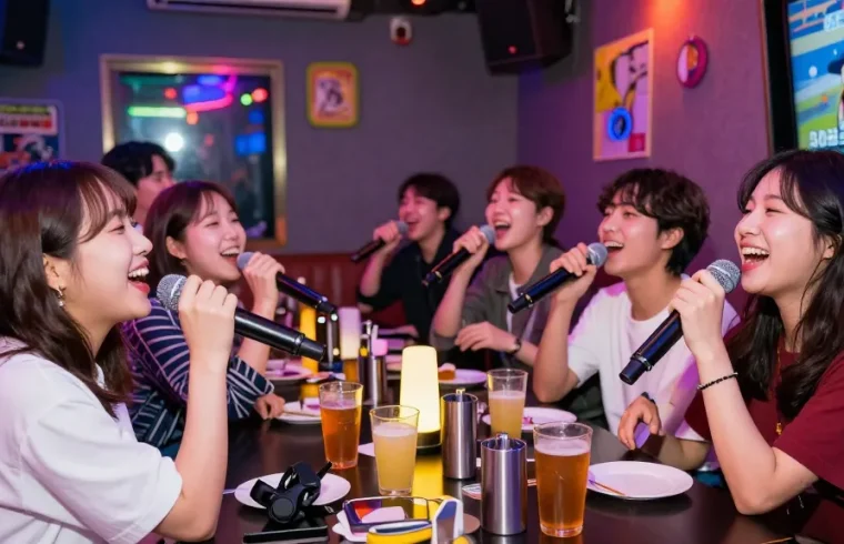 인천쓰리노에서 친구들과 즐거운 시간을 보내는 모습, 노래방 내부와 생동감 넘치는 분위기를 담은 이미지