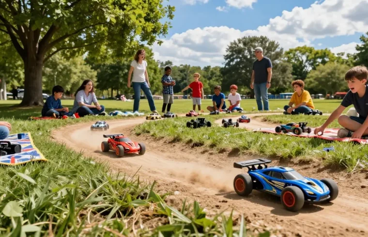 Children enjoying rokok88 link login enabled remote control cars in a park.