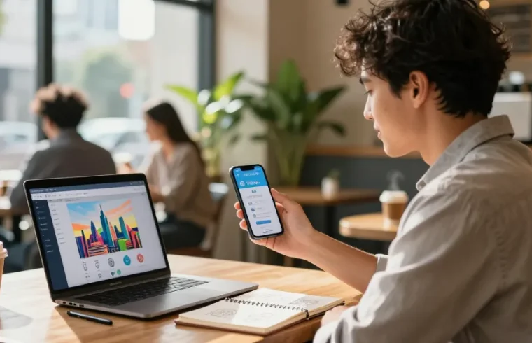 Buy second number on mobile app while enjoying coffee in urban café.