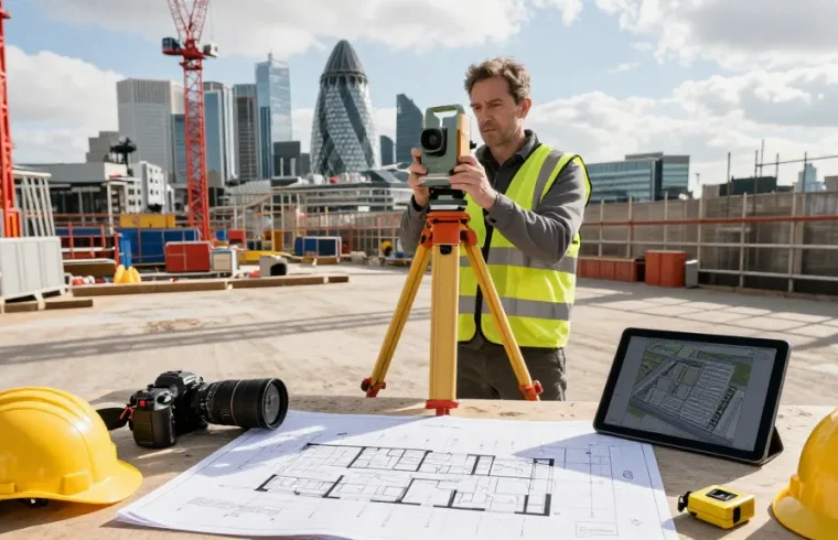 Measured building surveys london in action with surveyor using laser scanner on urban construction site.