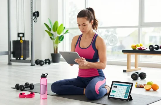 Engaging fitness scene with a woman using a Calorie Burn Calculator on a tablet in a bright gym environment.