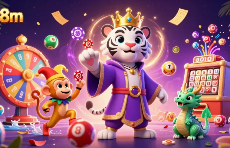 Experience the vibrant world of alo8m with a joyous scene of gambling characters and exciting game elements.