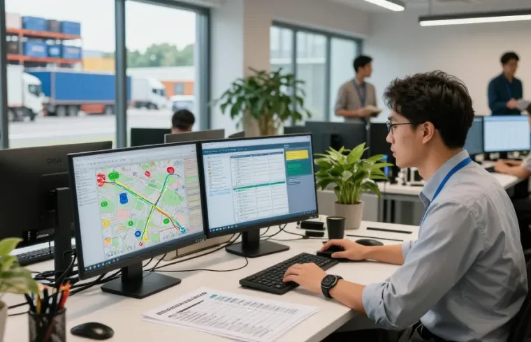 Effiziente Spedition Dortmund mit modernem Büro und Transportanalysen.