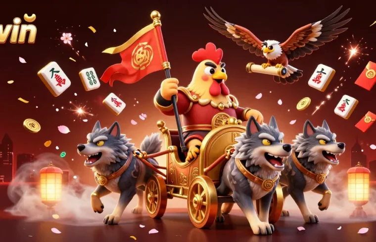 Join the adventure at 11win with a dazzling scene of a rooster warlord in a dynamic casino setting.