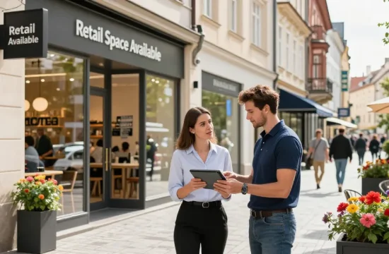 Retail space in Prague with a professional agent discussing leasing opportunities in a vibrant urban setting.