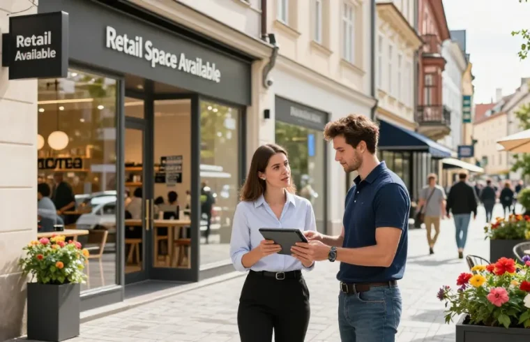 Retail space in Prague with a professional agent discussing leasing opportunities in a vibrant urban setting.
