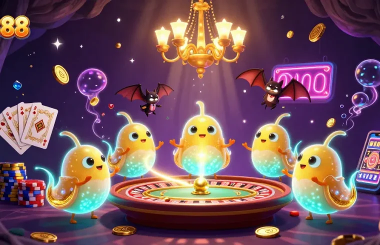 Experience Pe888's vibrant glow as glowworms illuminate the casino with gold coins and sparkling gems.